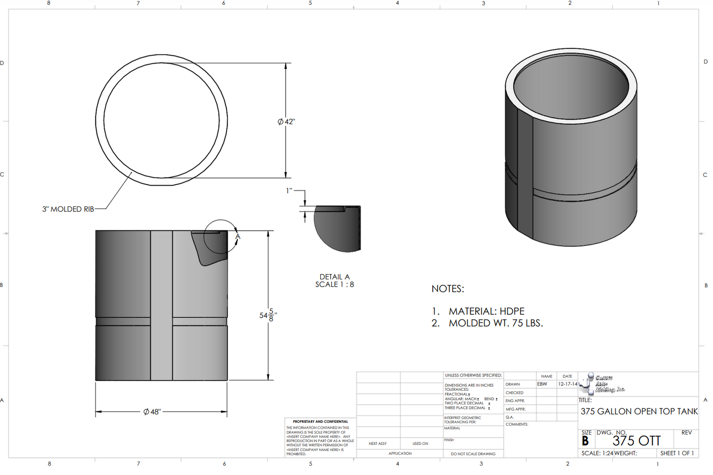 375 Gallon Custom Roto-Mold Plastic Open Top Tank (MPN 375 OTT)