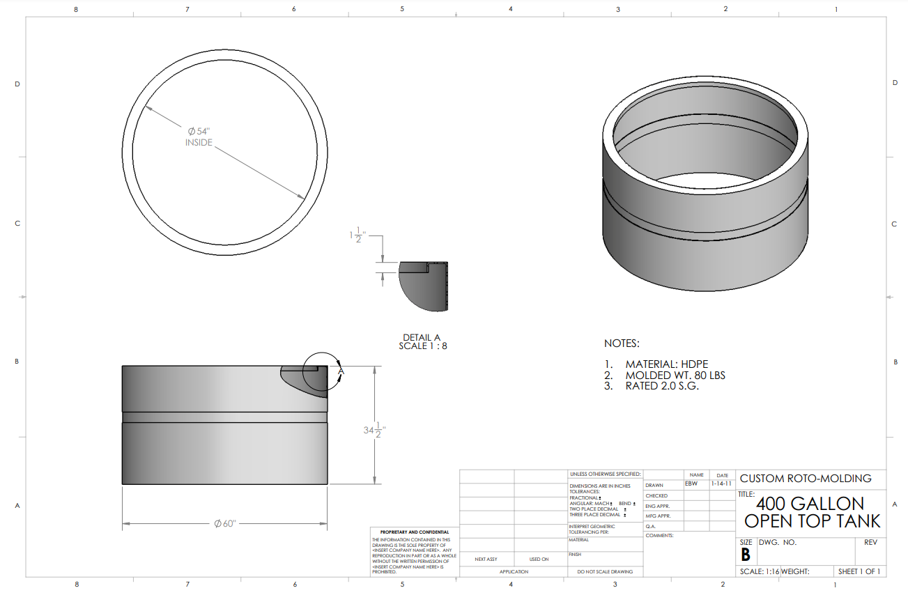 400 Gallon Custom Roto-Mold Plastic Open Top Tank (MPN 400 OTT)