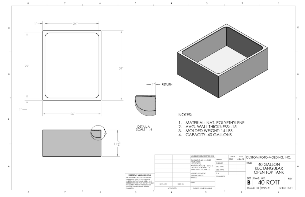 40 Gallon Custom Roto-Mold Plastic Rectangular Open Top Tank (MPN 40 ROTT)