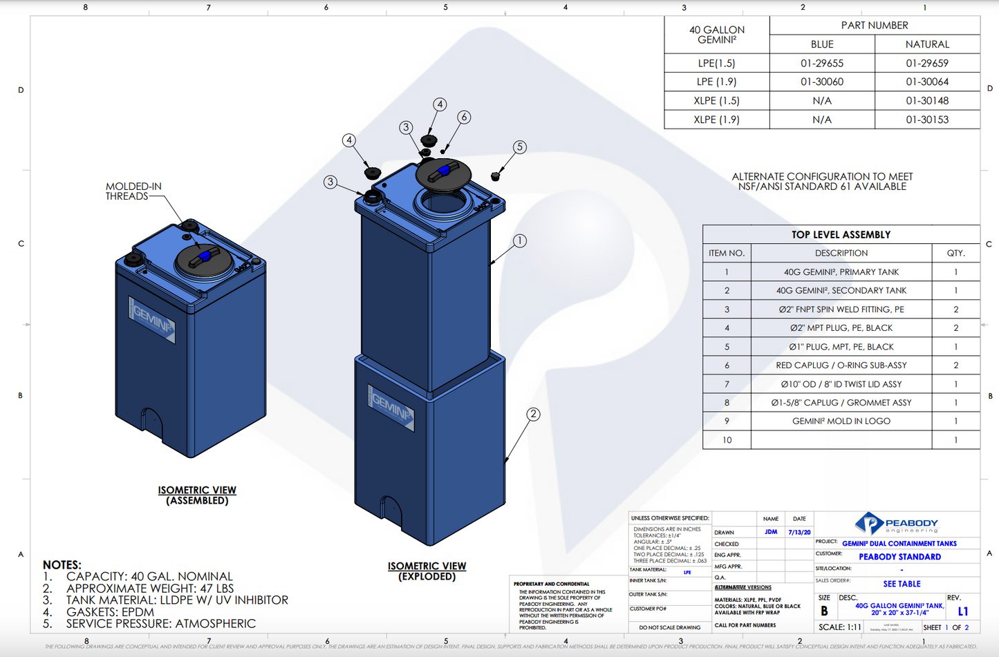 40 Gallon Peabody Engineering Gemini Square Dual Containment Tank 1.9 SG (MPN: 01-30060)