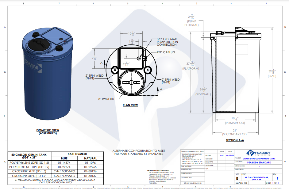 40 Gallon XLPE Peabody Engineering Gemini Flat Top Round Dual Containment Tank 1.5 SG (MPN: 01-30126)