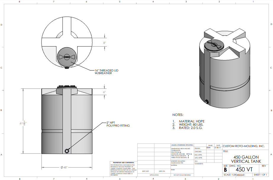 500 Gallon Custom Roto-Molding Vertical Tank (MPN: 500 VT FW)