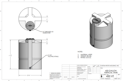 500 Gallon Custom Roto-Molding Vertical Tank (MPN: 500 VT FW)