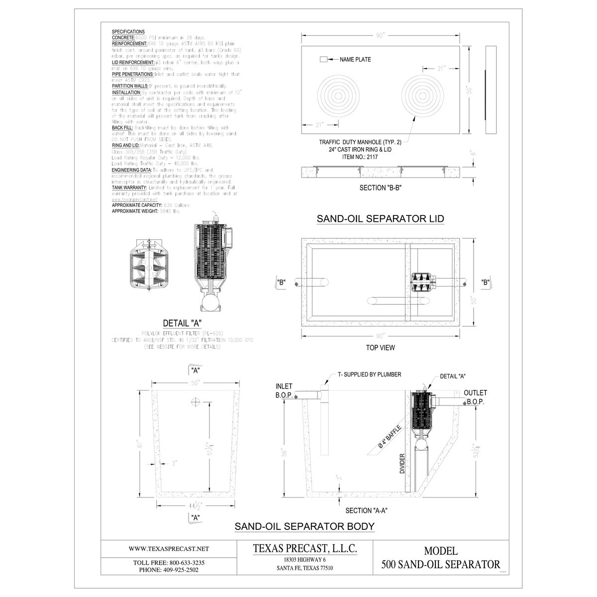 Texas Precast 500 gallon concrete sand-oil separator dimensional drawing