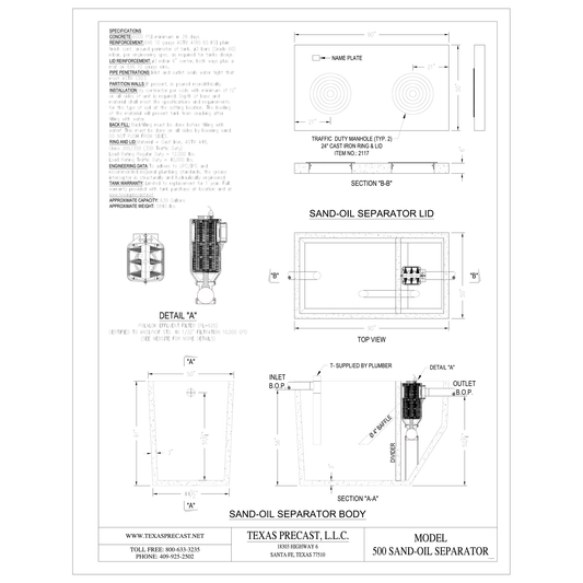 Texas Precast 500 gallon concrete sand-oil separator dimensional drawing