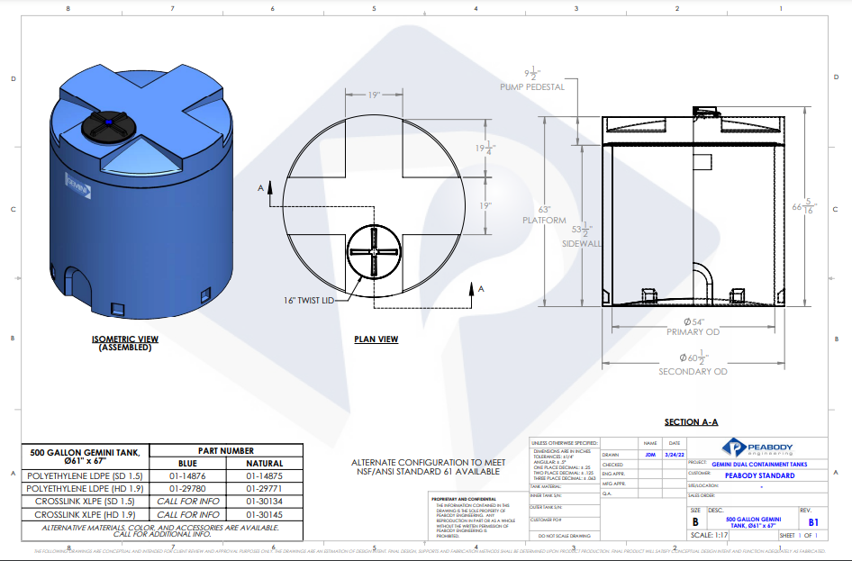 500 Gallon Peabody Engineering Gemini Round Dual Containment Tank 1.9 SG (MPN: 01-29780)