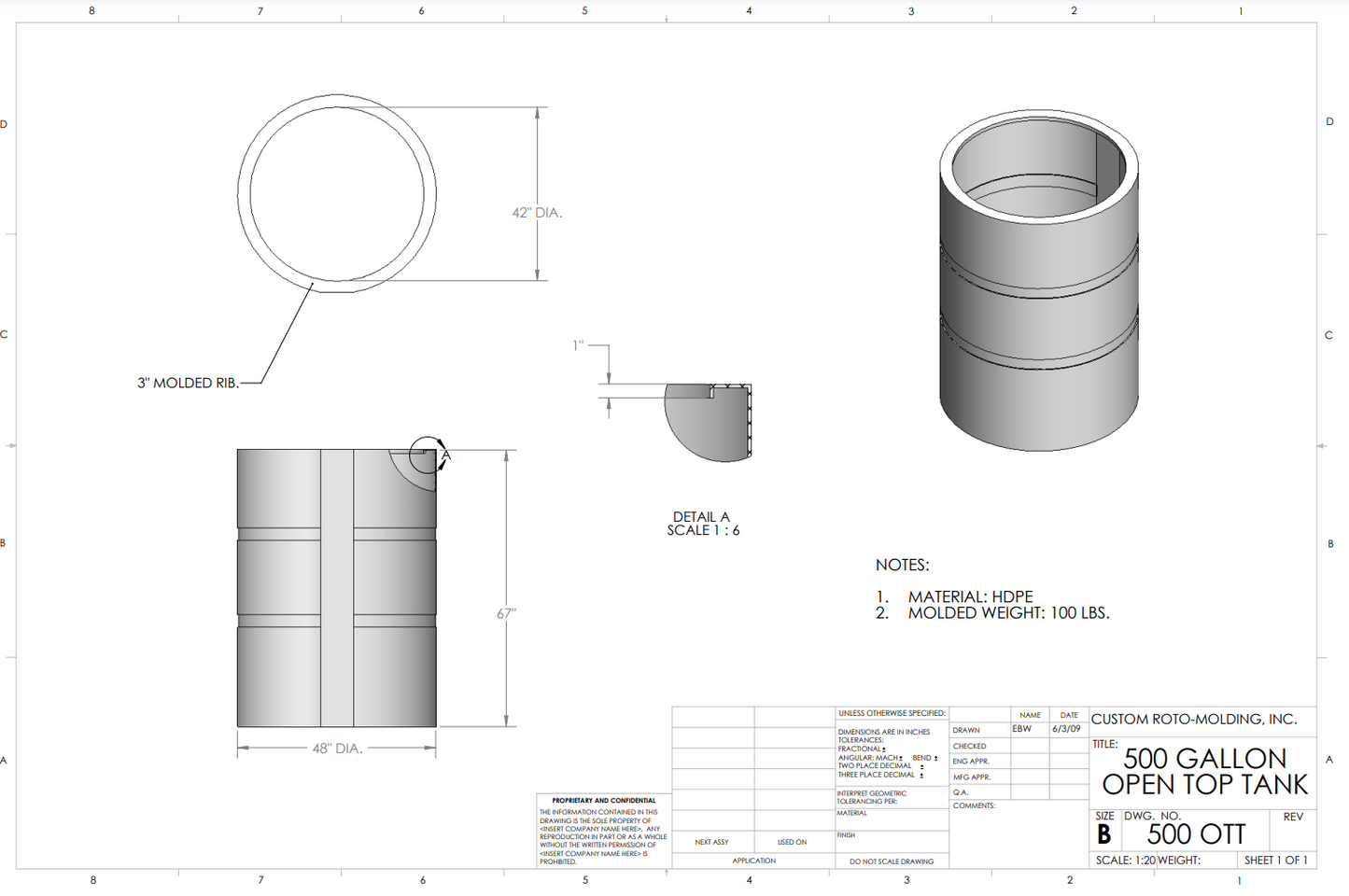 500 Gallon Custom Roto-Mold Plastic Open Top Tank (MPN 500 OTT)