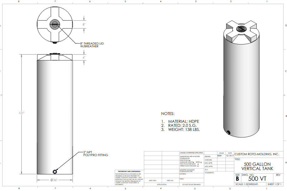 500 Gallon Custom Roto-Mold Plastic Vertical Storage Tank (MPN 500 VTXLPE)
