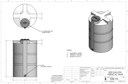 550 Gallon Custom Roto-Molding Vertical Tank (MPN: 550 VT FW)