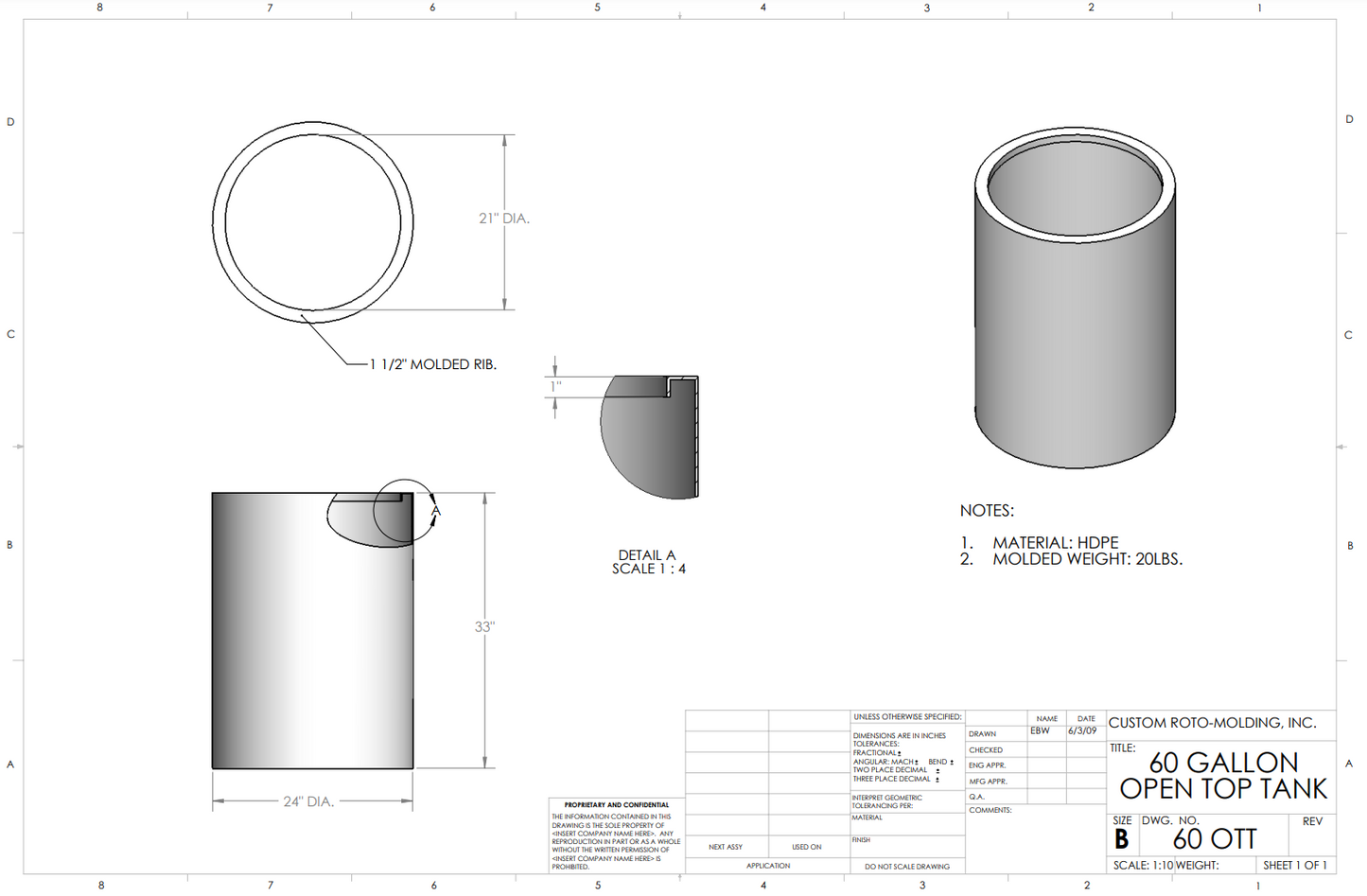 60 Gallon Custom Roto-Mold Plastic Open Top Tank (MPN 60 OTT)