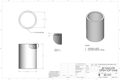 60 Gallon Custom Roto-Mold Plastic Open Top Tank (MPN 60 OTT)