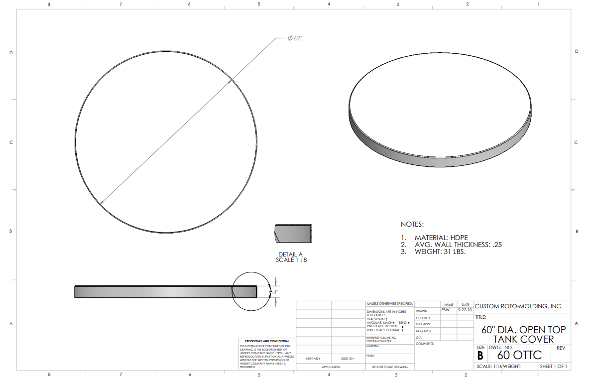 60 inch Custom Roto-Mold Open Top Tank Cover (MPN 60 OTTC)