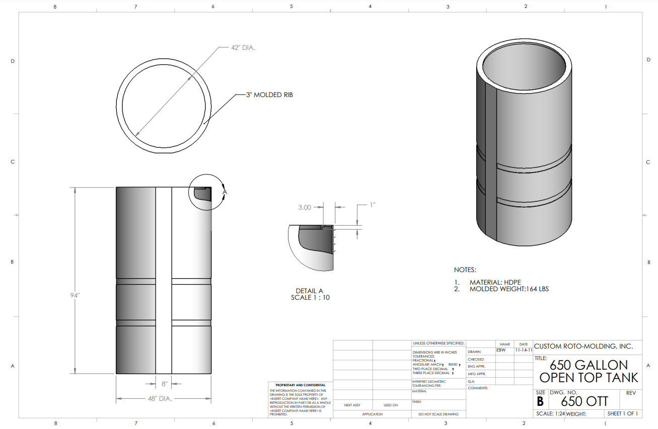 650 Gallon Custom Roto-Mold Plastic Open Top Tank (MPN 650 OTT)