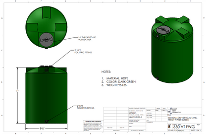 650 Gallon Custom Roto-Molding Vertical Tank (MPN: 650 VT FW)