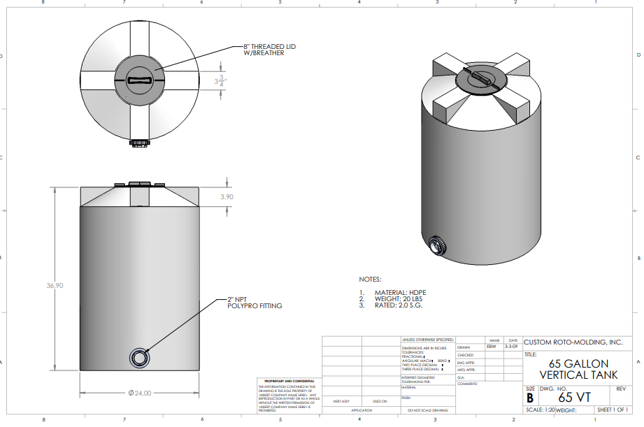 65 Gallon Custom Roto-Molding Vertical Tank (MPN:65 VT FW)