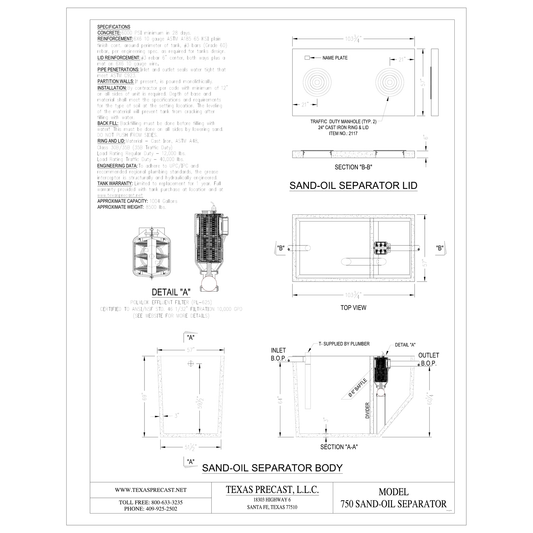 Texas Precast 750 gallon concrete sand-oil separator dimensional drawing