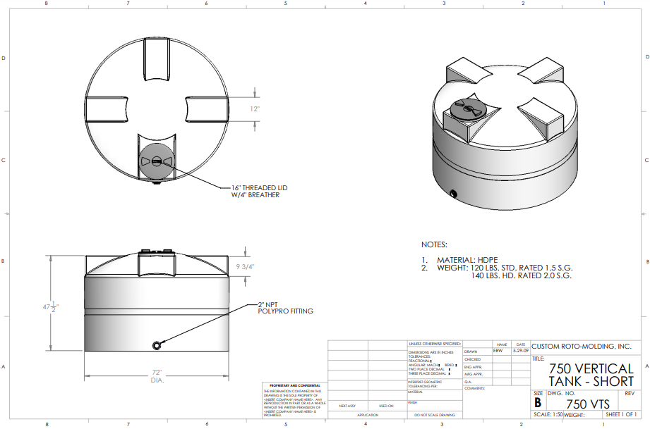 750 Gallon Custom-Roto Mold Vertical Tank HD (MPN: 750 VTS HD)