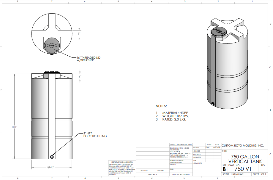 750 Gallon Custom Roto-Molding Vertical Tank (MPN: 750 VT FW)