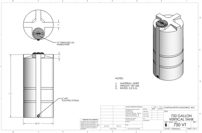750 Gallon Custom Roto-Molding Vertical Tank (MPN: 750 VT FW)