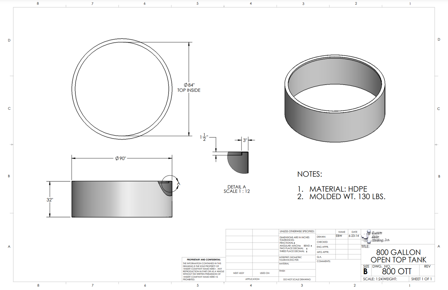 800 Gallon Custom Roto-Mold Plastic Open Top Tank (MPN 800 OTT)
