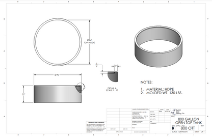 800 Gallon Custom Roto-Mold Plastic Open Top Tank (MPN 800 OTT)