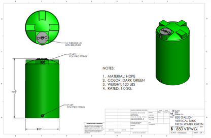 850 Gallon Custom Roto-Molding Vertical Tank (MPN: 850 VT FW)