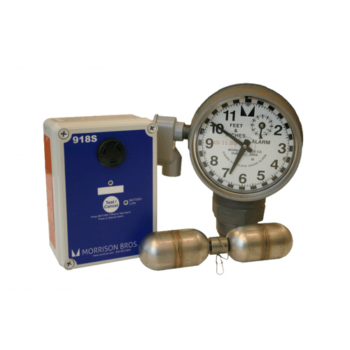 Morrison Bros. FIG 918 clock gauge shown with alarm box and drop tube float