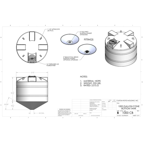 Custom Roto-Molding 1000 Gallon Cone Bottom Tank (1000 CB) - manufacturer drawing