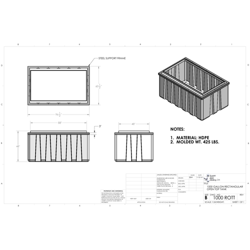 Custom Roto-Molding 1000 Gallon Rectangular Open Top Tank (1000 ROTT) - manufacturer drawing