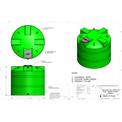 Custom Roto-Molding 1000 Gallon Vertical Water Tank (1000 VT FW) - manufacturer drawing