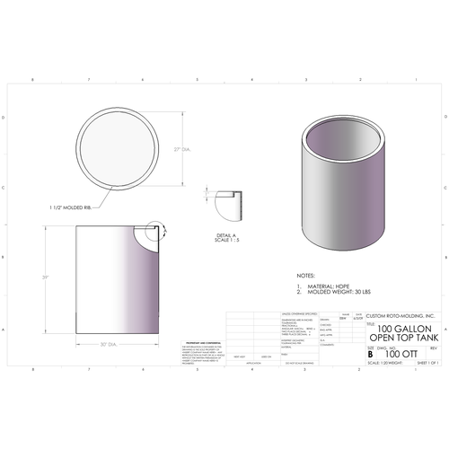 Custom Roto-Molding 100 Gallon Open Top Tank (100 OTT) - manufacturer drawing