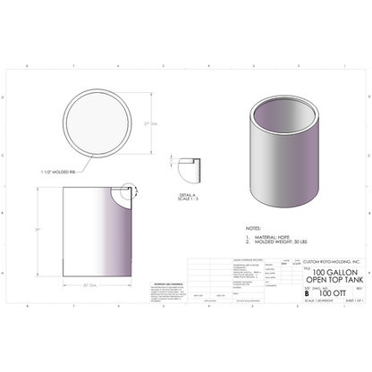Custom Roto-Molding 100 Gallon Open Top Tank (100 OTT) - manufacturer drawing