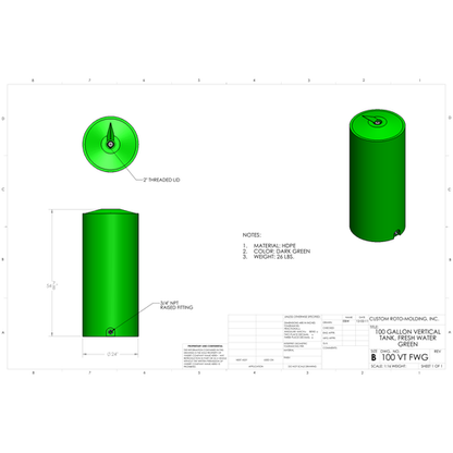 Custom Roto-Molding 100 Gallon Vertical Water Tank (100 VT FW) - manufacturer drawing