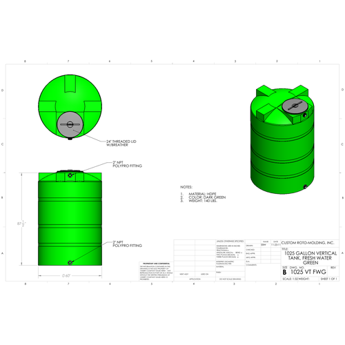 Custom Roto-Molding 1025 Gallon Vertical Water Tank (1025 VT FW) - manufacturer drawing