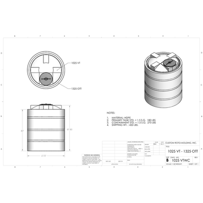 Custom Roto-Molding 1025 Gallon Vertical Tank with Containment (1025 VTWC) - manufacturer drawing