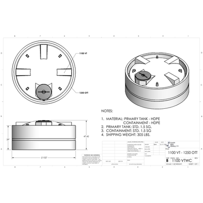 Custom Roto-Molding 1100 Gallon Vertical Tank with Containment (1100 VTWC) - manufacturer drawing