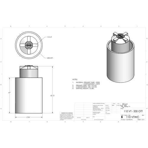 Custom Roto-Molding 110 Gallon Vertical Tank with Containment (110 VTWC) - manufacturer drawing