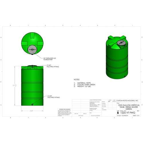 Custom Roto-Molding 1225 Gallon Vertical Water Tank (1225 VT FW) - manufacturer drawing