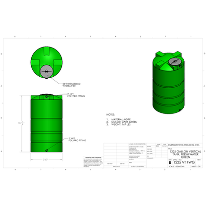 Custom Roto-Molding 1225 Gallon Vertical Water Tank (1225 VT FW) - manufacturer drawing