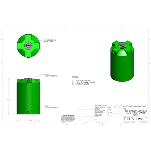Custom Roto-Molding 130 Gallon Vertical Water Tank (130 VT FW) - manufacturer drawing