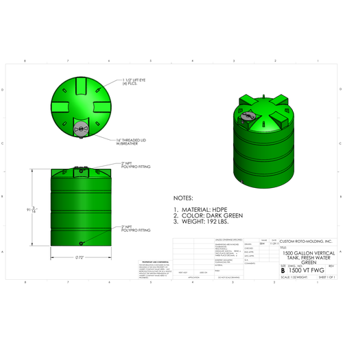 Custom Roto-Molding 1500 Gallon Vertical Water Tank (1500 VT FW) - manufacturer drawing
