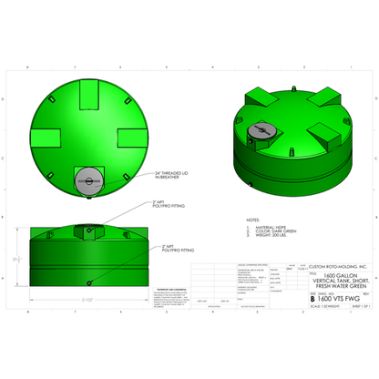 Custom Roto-Molding 1600 Gallon Vertical Water Tank (1600 VTS FW) - manufacturer drawing