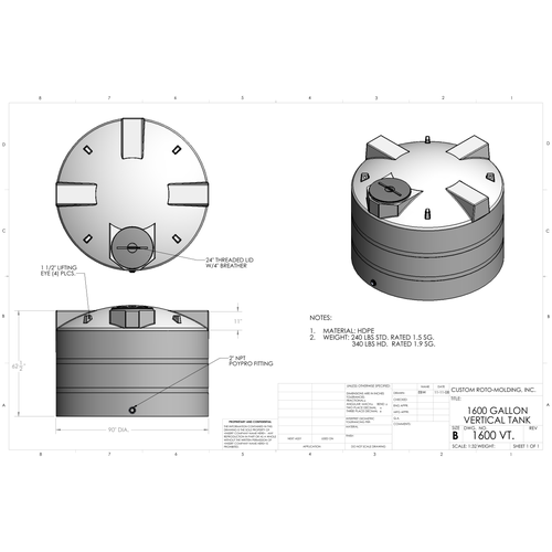 Custom Roto-Molding 1600 Gallon Vertical Storage Tank (1600 VT HD) - manufacturer drawing