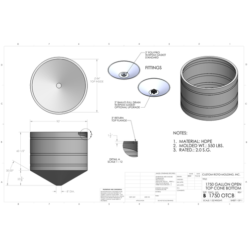 Custom Roto-Molding 1750 Gallon Open Top Cone Bottom Tank (1750 OTCB) - manufacturer drawing
