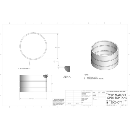 Custom Roto-Molding 2000 Gallon Open Top Tank (2000 OTT) - manufacturer drawing