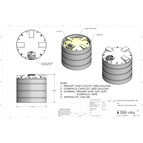 Custom Roto-Molding 2000 Gallon Encapsulated Double Wall Tank (2000 VTEXL) - manufacturer drawing