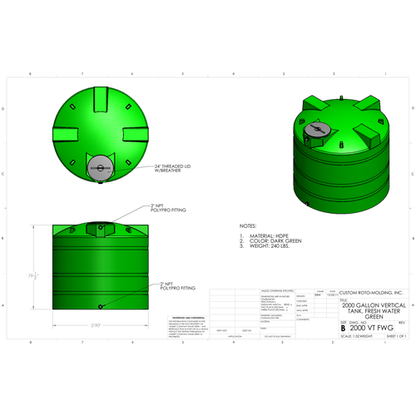 Custom Roto-Molding 2000 Gallon Vertical Water Tank (2000 VT FW) - manufacturer drawing