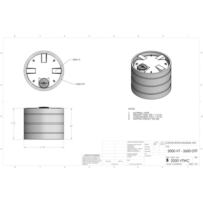 Custom Roto-Molding 2000 Gallon Vertical Tank with Containment (2000 VTWC) - manufacturer drawing