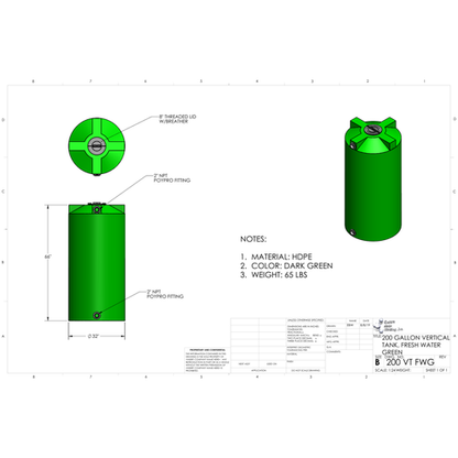 Custom Roto-Molding 200 Gallon Vertical Water Tank (200 VT FW) - manufacturer drawing