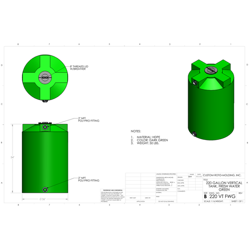 Custom Roto-Molding 220 Gallon Vertical Water Tank (220 VT FWG) - manufacturer drawing